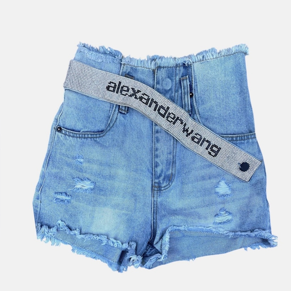 Alexander Wang rhinestone belt Blue Distressed Denim Shorts - Picture 2 of 9